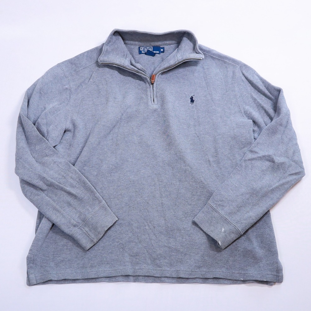 Polo Ralph Lauren Quarter Zip Pullover Mens Size M Gray Cotton Knit Distressed